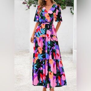 Pretty Garden Colorful Abstract Print Midi Wrap Dress